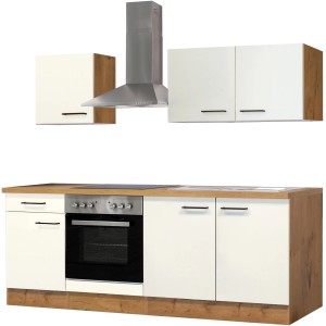 Kuchynská linka Flex-Well Vintea 210 cm vo farbe Magnolia/Lancelot Oak so spotrebičmi a drezom.