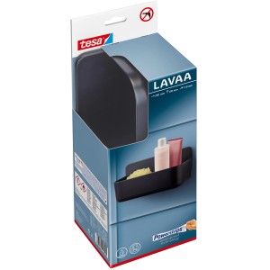 Balenie čierneho sprchového koša Tesa Lavaa Medium s technológiou Powerstrips Waterproof.
