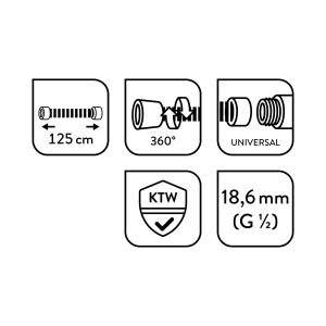 Technický nákres: Kovová sprchová hadica Baliv, 125 cm, otočná o 360°, univerzálna, norma KTW, pripojenie 18,6 mm.