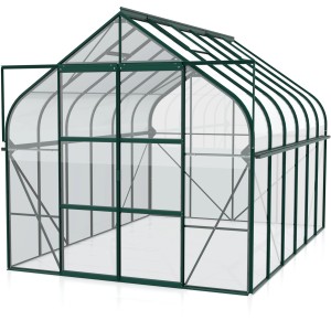 Skleník Vitavia Diana 9900, 9,9 m², zelený, s otvorenými dverami. Ideálne pre rastliny, bylinky a zeleninu.