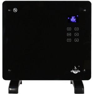 Čierny sklenený konvektor El Fuego 1000 W s LCD displejom a dotykovým panelom.