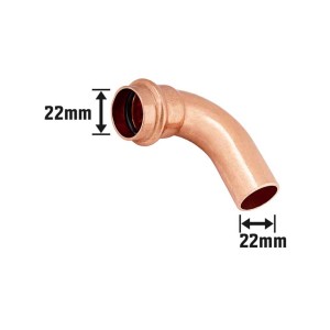 Medené lisovacie koleno, priemer 22 mm, uhol 90 stupňov pre inštalácie medených rúrok.