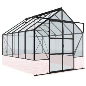 Skleník Vitavia Cassandra 8300, 8,3 m², čierny, so sklenenou prednou stranou a hliníkovým rámom.