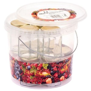 Vedro (5,7 l) so 14 pohármi na džem (195 ml) a viečkami, dekor ovocie, na skladovanie potravín.