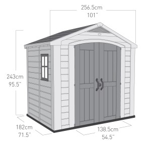 Keter Plastový záhradný domček 4,42 m²: Domček s oknom a dvojkrídlovými dverami, rozmery sú uvedené.