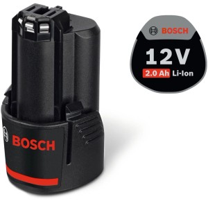 Čierna batéria Bosch Professional GBA 12V 2Ah Li-Ion, kompaktná, robustná pre elektrické náradie.