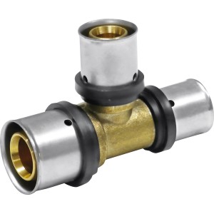 Lisovaný redukovaný T-kus z mosadze 20x16x16 mm pre inštaláciu pitnej vody a kúrenia.