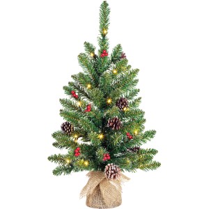 Umelý vianočný stromček Creston s LED, 60 cm, s jutovou základňou, šiškami a bobuľami.