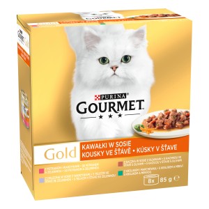 Gourmet Gold kapsičky pre mačky, balenie s rôznymi príchuťami v omáčke.