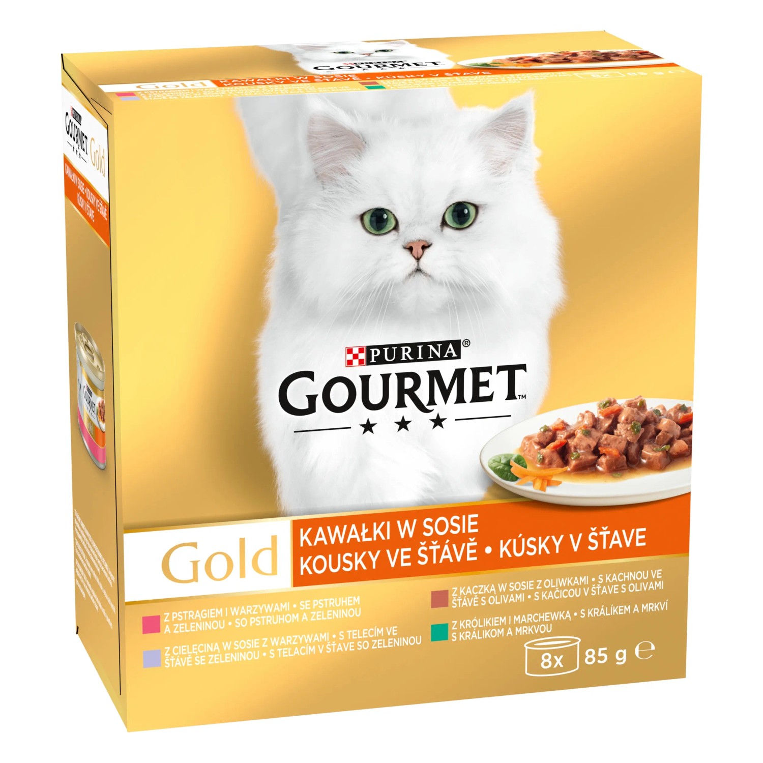 E-shop Gourmet Gold Konzervy pre mačky pstruh, teľacie, kačica, králik 8 x 85 g