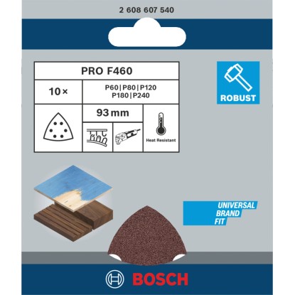 Sada brúsnych listov Bosch Pro pre delta brúsky, 10 ks, 93mm, zrnitosti P60-P240, na drevo a farby.