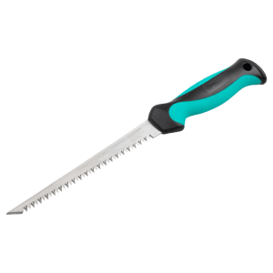 Ručná píla wolfcraft na sadrokartón s tyrkysovo-čiernou 2K rukoväťou a špicatou čepeľou pre presné rezy.