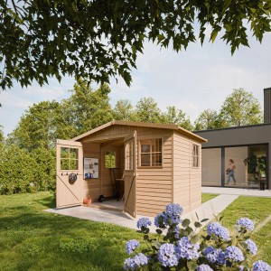 Drevený záhradný domček Timbela M334 s oknom, 6,03 m², prírodný, s otvorenými dverami v záhrade.