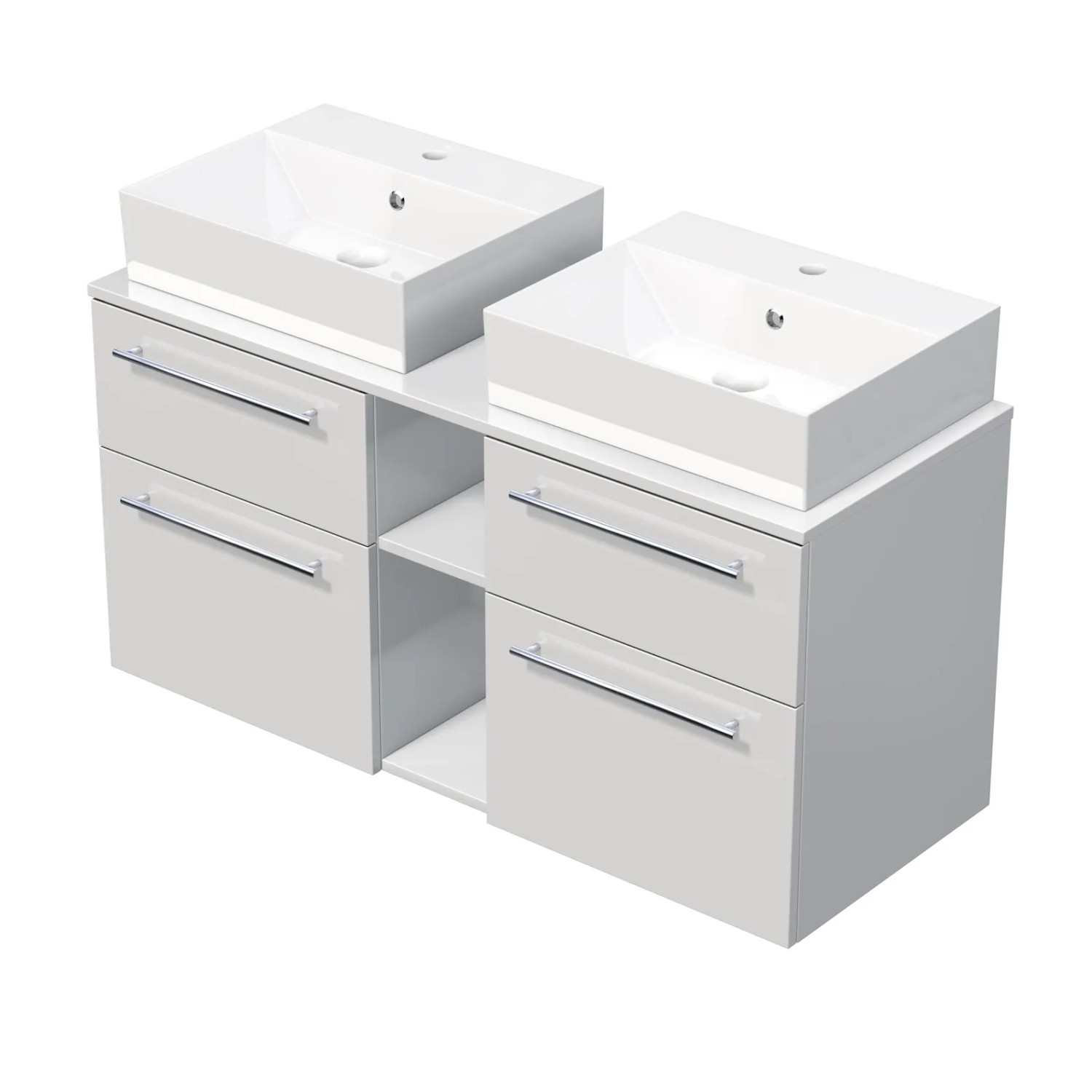 E-shop INTEDOOR Kúpeľ.skriňa+2umývadl BEE, úchyt chróm, 120cm, regál stred, biela leská