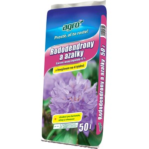 Vrece zeminy pre rododendrony 50l s fialovými kvetmi. Špeciálna zemina pre rododendrony a azalky.