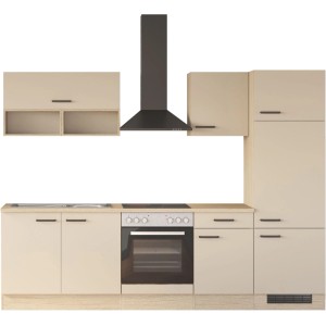 Moderná kuchynská linka Flex-Well Creso 270 cm v kašmírovo matnej s doskou dub Provence, rúrou, drezom, digestorom.