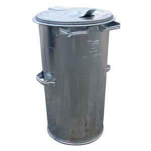 Strieborný kovový odpadkový kôš s vekom.