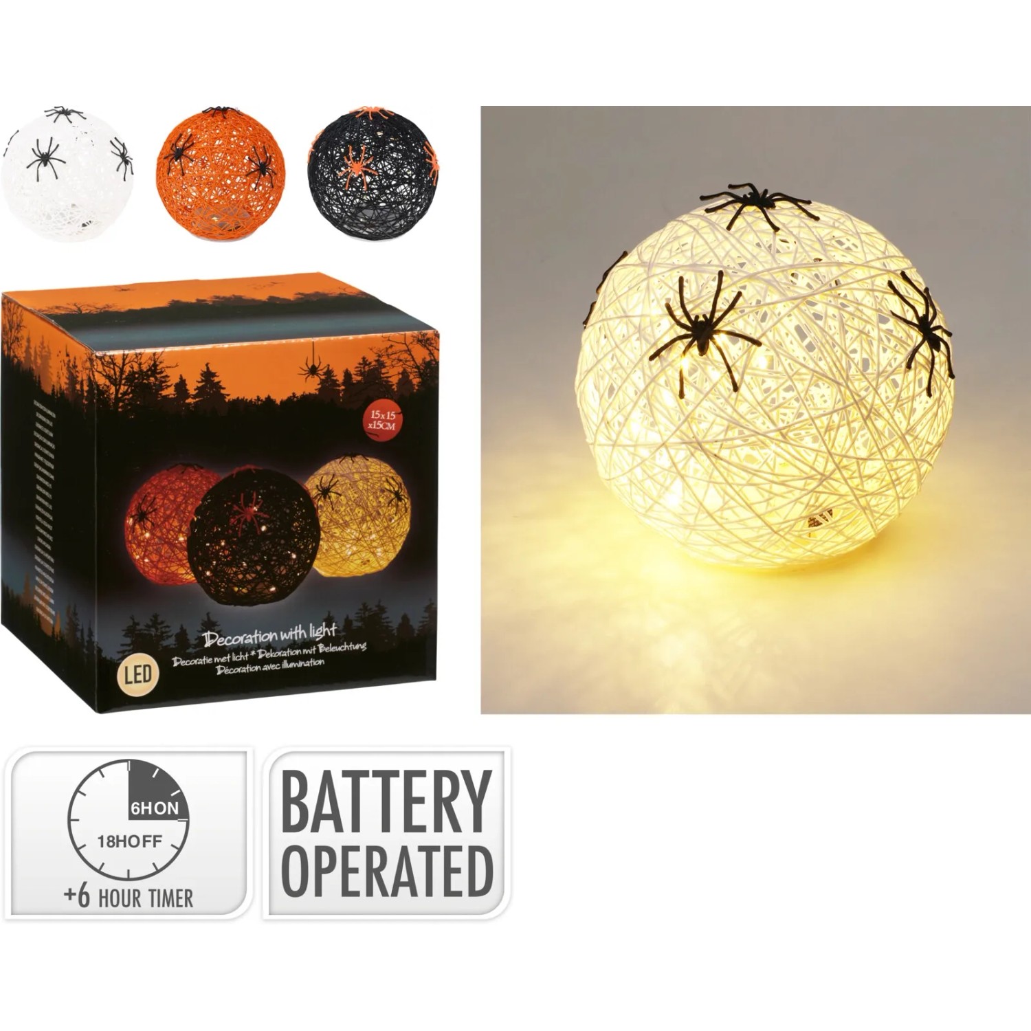 E-shop Koopman Papierová guľa s pavúkom s 15 LED diódami, rôzne druhy, pr. 15 cm