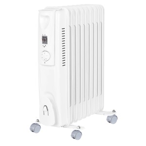 Biely olejový radiátor Kiruna 2000 W, mobilný elektrický ohrievač s termostatom a kolieskami.