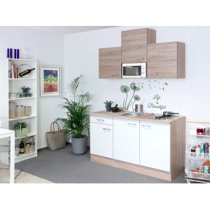 Flex-Well Classic Singlekuchyne Florida 150 cm Sonoma dub/biela s varnou doskou a mikrovlnnou rúrou.