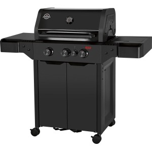 Čierny plynový gril Jamestown Knox II s 3 horákmi, bočným horákom a skrinkou.