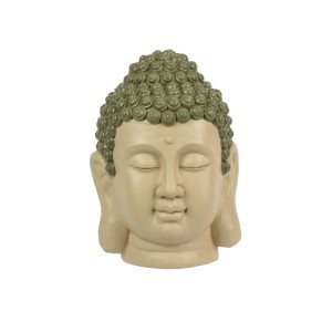 Buddha hlava záhradná dekorácia: Meditatívna socha v prírodnom tóne a zelenej s zatvorenými očami.