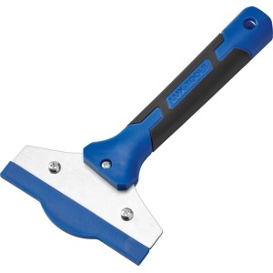 Modrá škrabka na škáry LUX-TOOLS s čiernou rukoväťou a kovovou čepeľou na obklady. Súčasť 6-dielnej sady.
