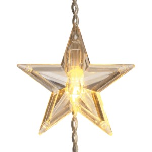 Detail LED svetelnej záclony s hviezdami, teplá biela, transparentný kábel.