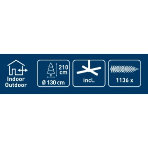 Infografika k umelej jedli Ketola XXL: výška 210 cm, priemer 130 cm, pre vnútorné aj vonkajšie použitie, 1136 vetiev.