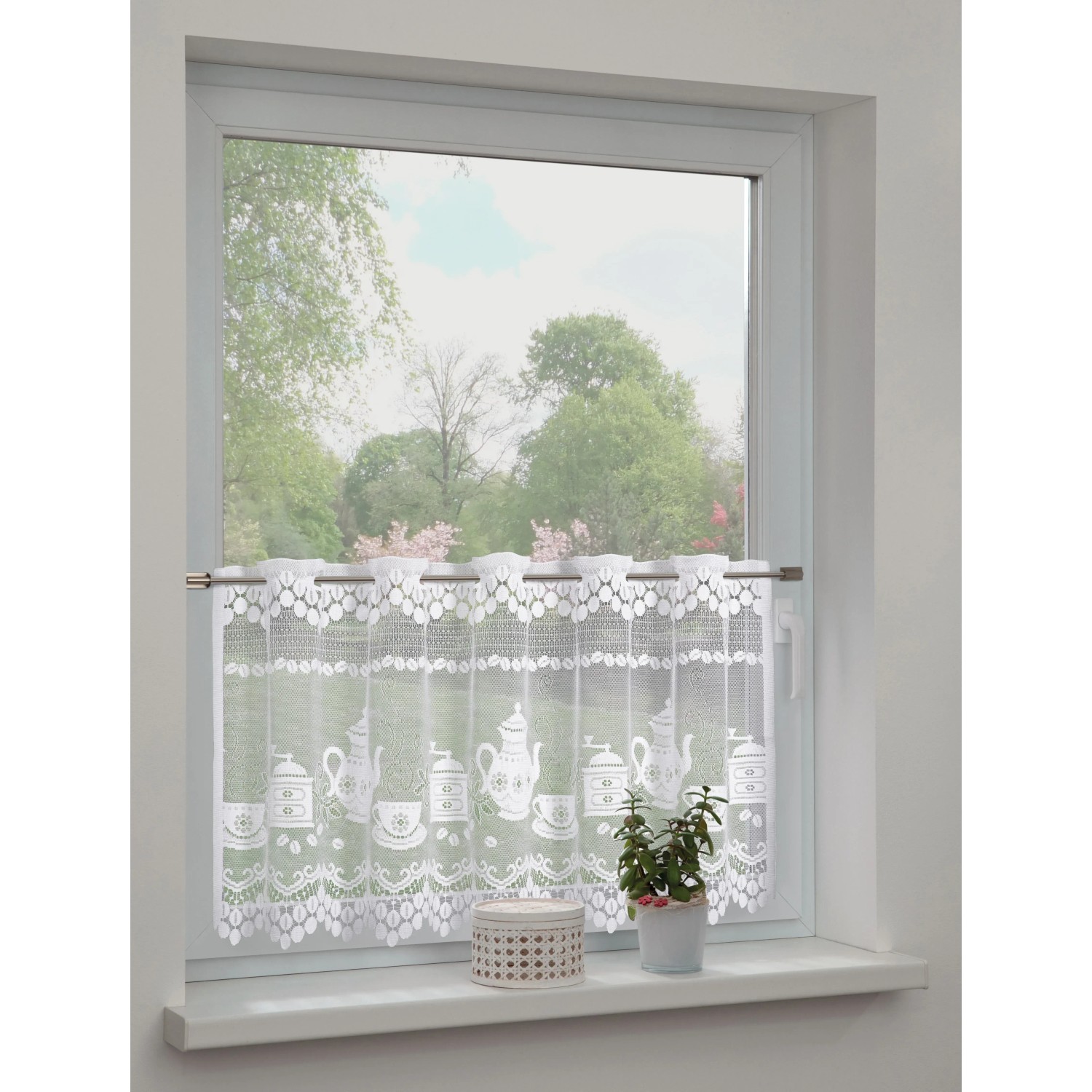 E-shop Sehlbach Vitrážová záclona so skrytými pútkami, čas kávy, biela, 140 x 60 cm