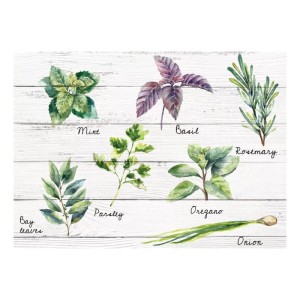 Samolepka na stenu bylinky: Mäta, bazalka, rozmarín, petržlen, oregano, cibuľa, bobkový list na dreve.