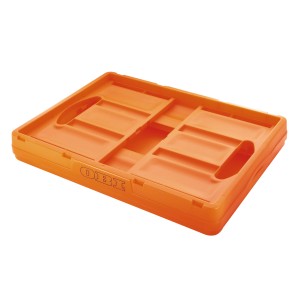 Zložený oranžový skladací box OBI s objemom 46 l. Praktický úložný box.