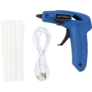 Akumulátorová tavná pištoľ LUX s lepiacimi tyčinkami a USB nabíjacím káblom.