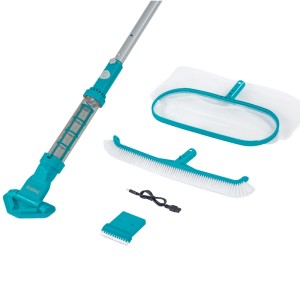 Sada Bestway AquaSurge na čistenie bazéna: aku vysávač s hlavicami, sieťka, kefa, USB kábel. Pre bazény do 610 cm.