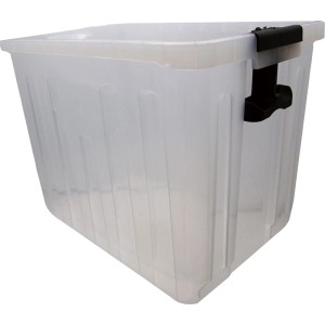 Priehľadný plastový zberný box pre elektrický drvič LUX-TOOLS E-MH-2500/45, s čiernou sponou.