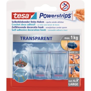 Tesa Powerstrips transparentné dekoračné háčiky, balenie 2 ks so 4 lepiacimi prúžkami pre dekorácie do 1 kg.