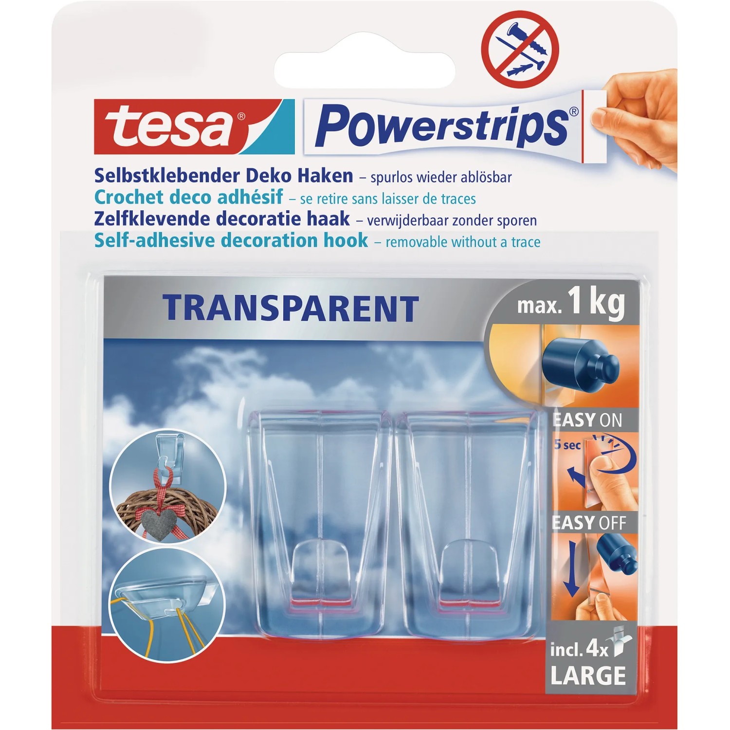 E-shop tesa Dekoračné lepiace háčiky Powerstrips Transparent veľké, 2 ks