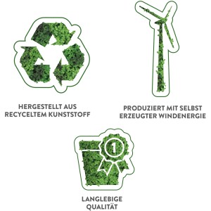 Grafika s ikonami: symbol recyklácie, veterná turbína a črepníková rastlina s ocenením za dlhotrvajúcu kvalitu.
