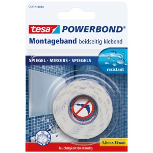 Tesa Powerbond montážna páska Mirror, obojstranná, 1,5m x 19mm, odolná voči vlhkosti pre zrkadlá.
