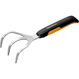 Fiskars Xact hrable na kvety s tromi hrotmi, čierno-oranžové, na záhradníčenie.