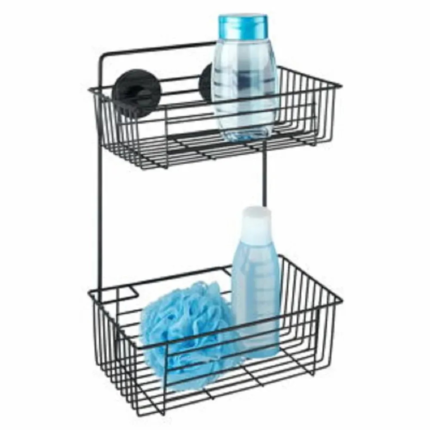 E-shop Wenko Dvojposchodový nástenná polica Vacuum-Loc Bari čierna 26,5 x 38,5 x 17 cm