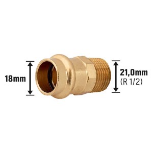 Prechodový nipel z červeného bronzu, 18 mm x 21 mm (R 1/2), pre lisovacie tvarovky v kúrení a sanitárnych inštaláciách.