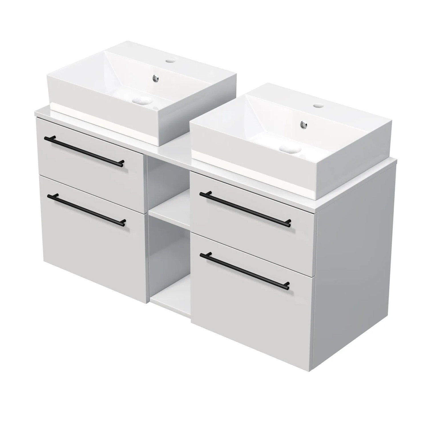 E-shop INTEDOOR Kúpeľ.skriňa+2umývadlá BEE, úchyt čierny, 120cm, regál stred biela lesk