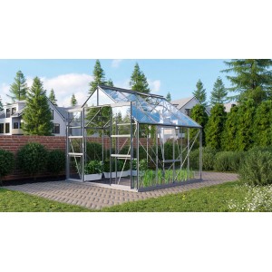 Skleník Vitavia Meridian 2 6700 ESG s hliníkovým rámom a rastlinami.
