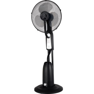 Čierny stojanový ventilátor VLC s funkciou rozprašovania pre horúce dni.