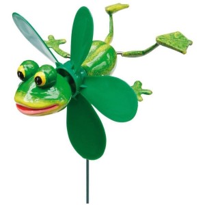 Zelená záhradná dekorácia - zapichovacia žaba s veterníkom (48 cm).