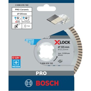Diamantový rezný kotúč Bosch X-Lock 125 mm v balení. Kovový kotúč pre uhlové brúsky, keramiku, čisté rezy.