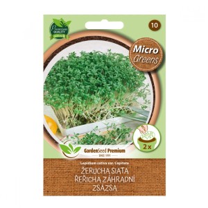 Balíček semien žeruchy záhradnej pre microgreens, Lepidium sativum, na pestovanie čerstvej zelene.