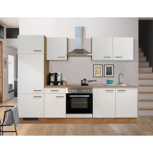 Kuchynská linka Flex-Well Vintea 270 cm v prevedení Magnolia/Lancelot Oak so spotrebičmi.