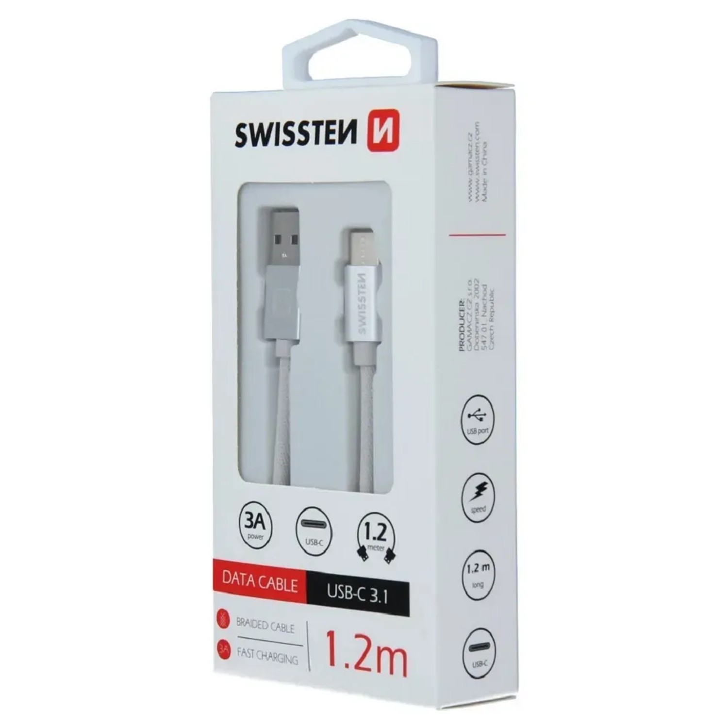 E-shop SWISSTEN TEXTILE Dátový kábel, USB-A / USB-C, 1,2 m, strieborný